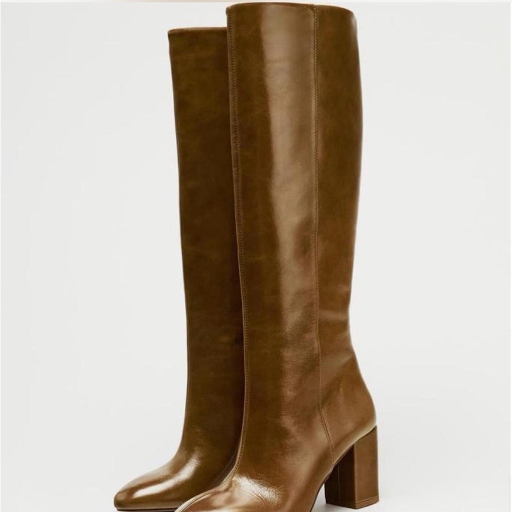 Zara Brown Heeled Leather Boots